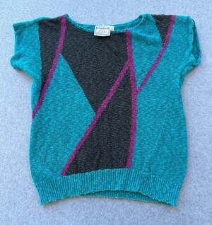 Vintage B. Bronson Geometric Sweater Top Size Small Teal Black 80s 90s